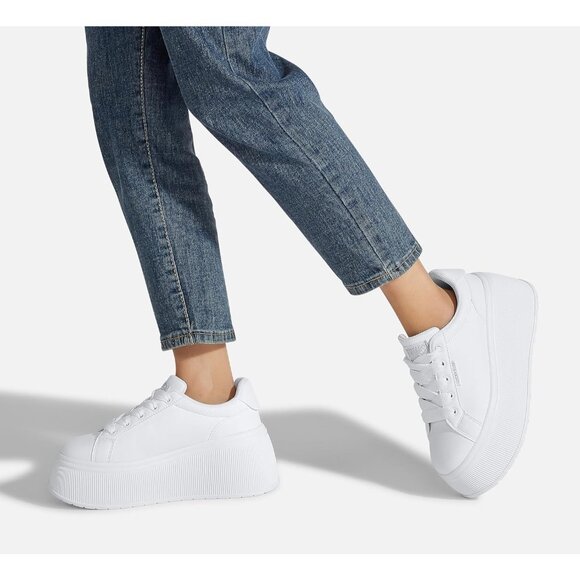 Women's White Platform Classic Wedge Canvas Casual Low Top Fashion Sneakers - Picture 8 of 9